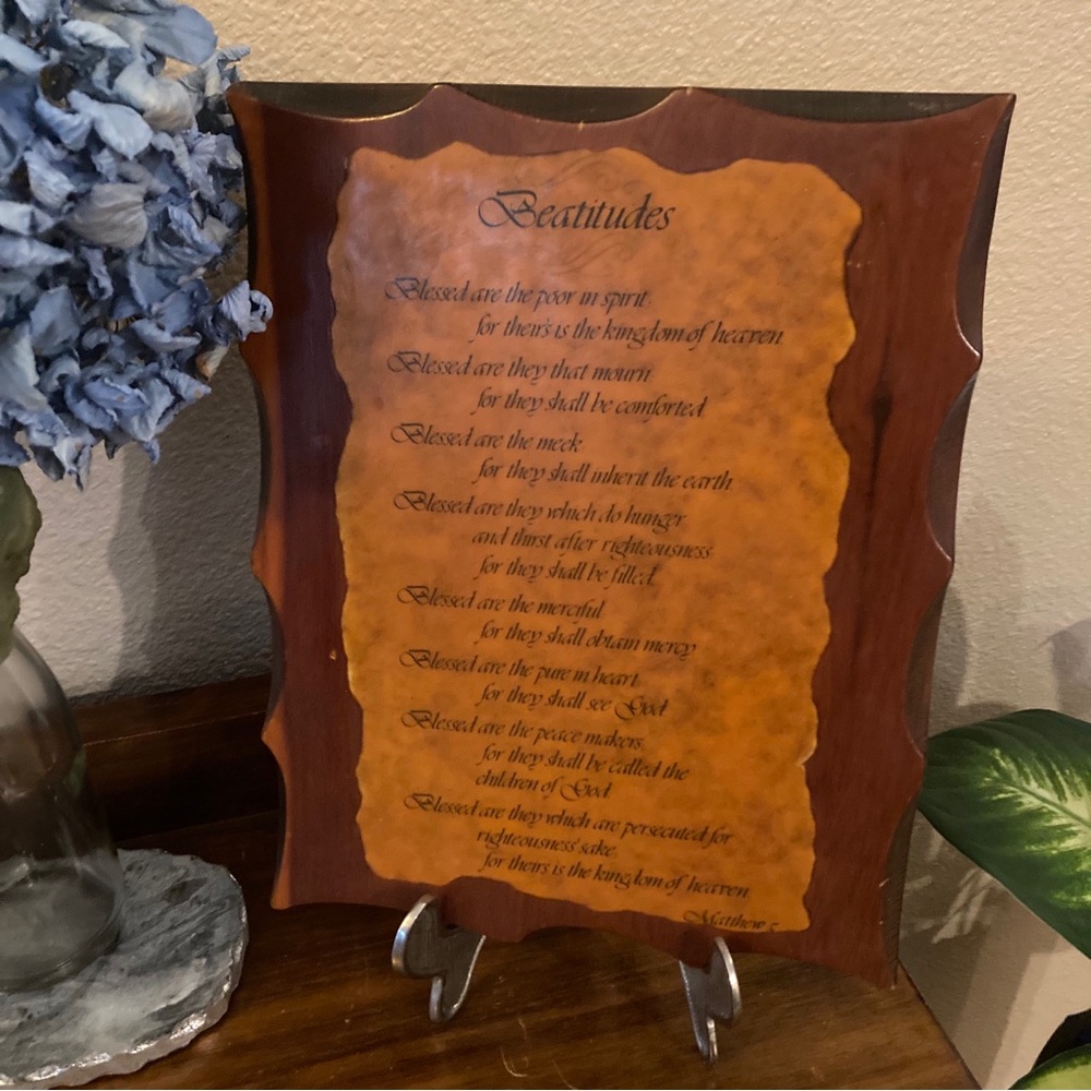 Beatitudes Vintage Hand Carved Wood Lacquer Wall Plaque Mathew 5:3-10